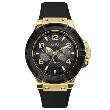RELOJ GUESS RIGOR U0247G6 PARA HOMBRE ACERO INOXIDABLE DORADO CORREA DE SILICONA NEGRO