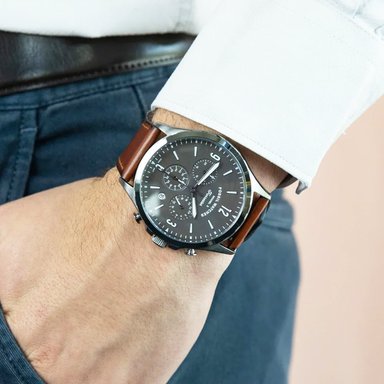 RELOJ HOMBRE ANÁLOGO FOSSIL FORRESTER FS5815 FECHA CRONOMETRO ACERO INOXIDABLE GUNMETAL CORREA DE CUERO MARRON - 3