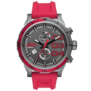 RELOJ HOMBRE ANÁLOGO DIESEL DOUBLE DOWN DZ4613 FECHA CRONÓMETRO ACERO GUNMETAL CORREA SILICONA ROJO