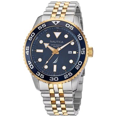 RELOJ NAUTICA PACIFIC BEACH NAPPBF140 PARA HOMBRE FECHA ACERO INOXIDABLE PLATEADO DORADO DIAL AZUL