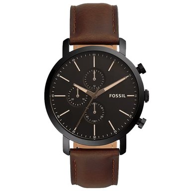 RELOJ FOSSIL LUTHER BQ2461 CRONÓMETRO ACERO INOXIDABLE NEGRO CORREA CUERO MARRON