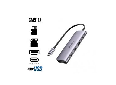 ADAPTADOR UGREEN USB-C CM511 (20956A) 6EN1 HUB 3X USB 3.0 / 1X HDMI / 1X SD / 1X TARJETA TF - NEGRO