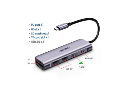 ADAPTADOR UGREEN MULTIFUNCION CM195 6EN1 (70411) HUB USB-C A 2X USB 3.0 HDMI SD/MICROSD 100W