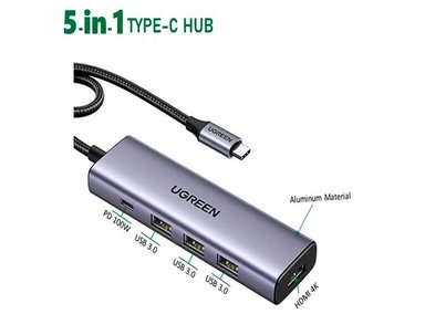 ADAPTADOR UGREEN CM511 (15596) 5 EN 1 HUB USB-C USB 3.0 HDMI 4K - GRIS