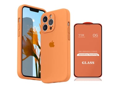 CASE IPHONE 15 PRO MAX SILICONA CON P/CÁMARA NARANJA + MICA DE VIDRIO COMPLETO - 1