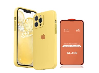 CASE IPHONE 14 PRO SILICONA CON P/CÁMARA AMARILLO + MICA DE VIDRIO COMPLETO - 1