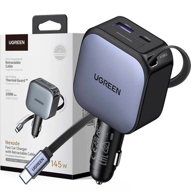 CARGADOR DE AUTO UGREEN EC604 NEXODE 145W CON CABLE RETRACTIL GRIS - 1