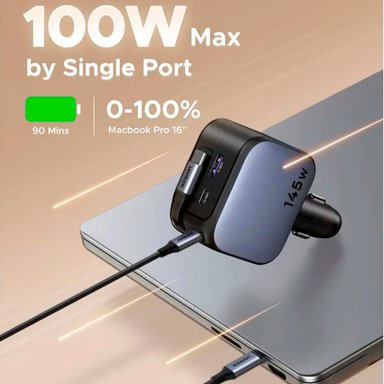 CARGADOR DE AUTO UGREEN EC604 NEXODE 145W CON CABLE RETRACTIL GRIS - 5
