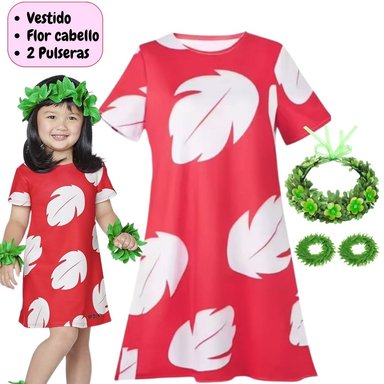 VESTIDO LILO STITCH  + CORONA FLORES DISFRAZ  IMPORTADO - TALLAS 4 HASTA 16