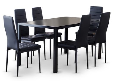 COMEDOR MESA VIDRIO 75X80X150 6 SILLAS PU NEGRO