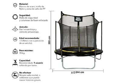 CAMA ELÁSTICA MAX MAGIC 244CM NEGRA CON RED DE SEGURIDAD - 3