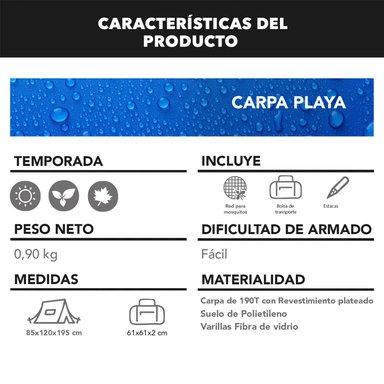 CARPA 1P DE PLAYA/CAMPING INSTANTANEO C/PROTECCIÓN SOLAR Y MOSQUITERA - 5