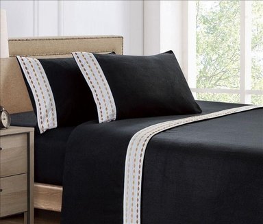 SET DE SÁBANAS POLAR BORDADA ULTRA SUAVE 2 PLAZAS COLOR NEGRO