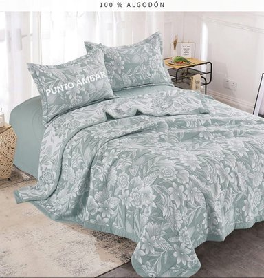 CUBRECAMA BORDADO + JUEGO DE SÁBANAS 2 PLAZAS 100% ALGODÓN