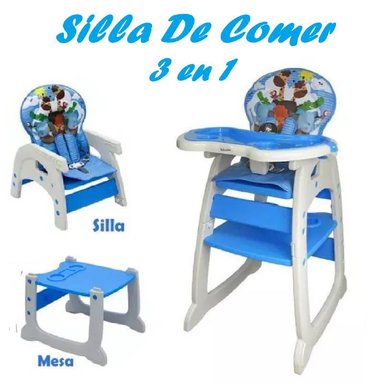 SILLA DE COMER RECLINABLE 3 EN 1 DOBLE BANDEJA -AZUL