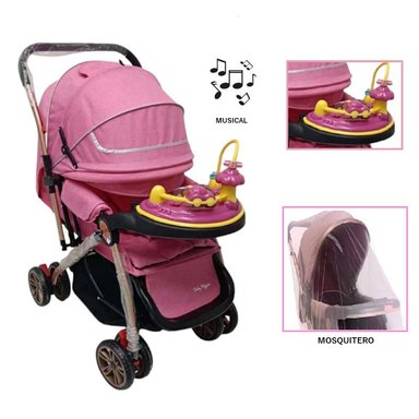 COCHE CUNA BANDEJA DIDÁCTICA MUSICAL -ROSADO