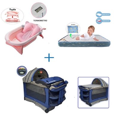 CUNA CORRAL VIBRADOR VERONA-COLCHON AZUL-BAÑERA ROSA