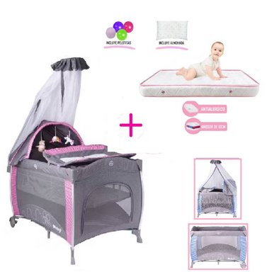 CUNA COLECHO NOA + COLCHON ROSADO -  ROSADO