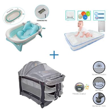 CUNA CORRAL VIBRADOR VERONA-COLCHON CELESTE-BAÑERA C