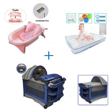 CUNA CORRAL VIBRADOR VERONA-COLCHON CELESTE-BAÑERA ROSA