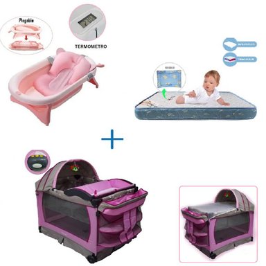 CUNA CORRAL VIBRADOR VERONA-COLCHON AZUL-BAÑERA ROSA