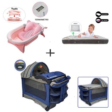 CUNA CORRAL VIBRADOR VERONA-COLCHON PLOMO-BAÑERA ROSA