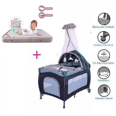 CUNA CORRAL SALLY  + COLCHON ROSADO - CELESTE