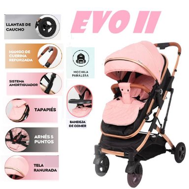 COCHE CUNA MOISES EVO II CON MOCHILA PAÑALERA -ROSADO