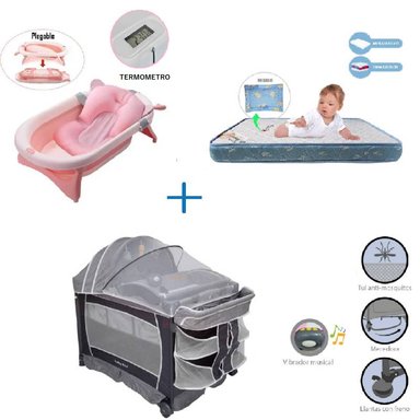 CUNA CORRAL VIBRADOR VERONA -COLCHON AZUL-BAÑERA ROSA