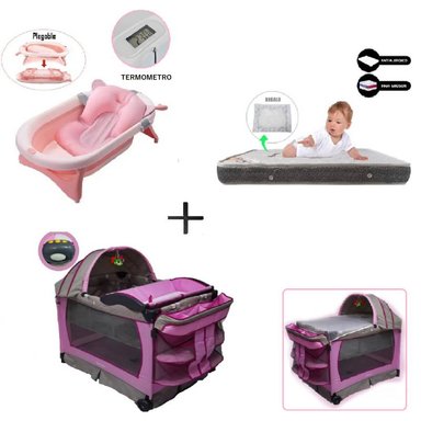 CUNA CORRAL VIBRADOR VERONA-COLCHON PLOMO-BAÑERA ROSA