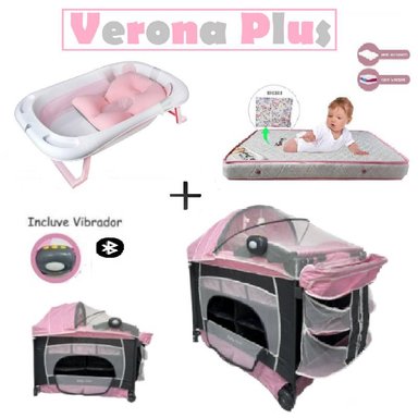 CUNA VERONA PLUS VIBRADOR -COLCHON R- BAÑERA R- ROSA