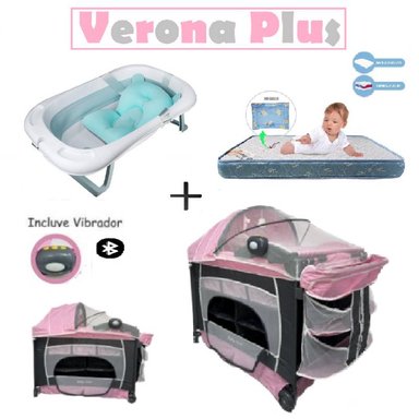 CUNA VERONA PLUS VIBRADOR -COLCHON A- BAÑERA C- ROSA