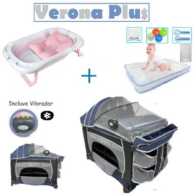 CUNA VERONA PLUS VIBRADOR - COLCHON C- BAÑERA R- AZUL