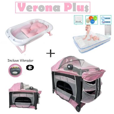 CUNA VERONA PLUS VIBRADOR - COLCHON C- BAÑERA R- ROSA