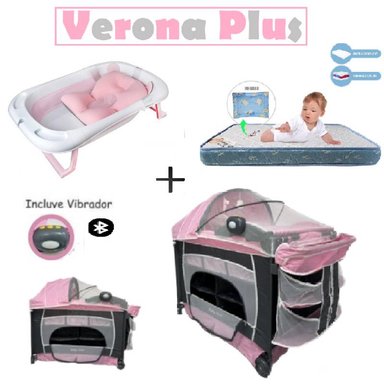 CUNA VERONA PLUS VIBRADOR -COLCHON A- BAÑERA R- ROSA