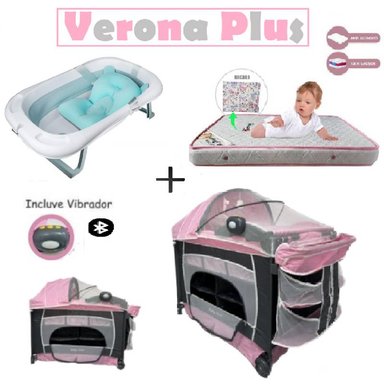 CUNA VERONA PLUS VIBRADOR -COLCHON R- BAÑERA C- ROSA