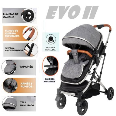 COCHE CUNA MOISES EVO II CON MOCHILA PAÑALERA -PLOMO