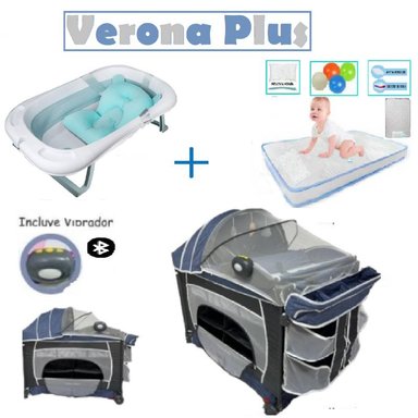 CUNA VERONA PLUS VIBRADOR - COLCHON C- BAÑERA C- AZUL