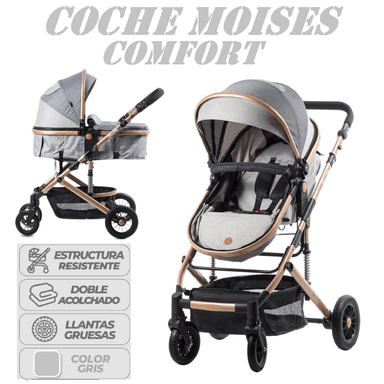 COCHE CUNA EBABY COMFORT1 GRIS MOISÉS COMFORT ESTRUCTURA DORADA