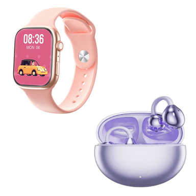 SMARTWATCH T900 GX + AUDÍFONOS Q87 TIPO ARETE COLOR LILA