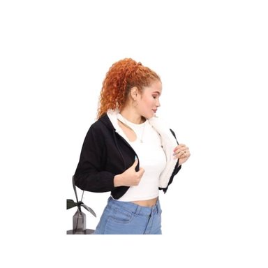 CASACA MUJER NEGRO CON CAPUCHA JEAN Y PELUCHE