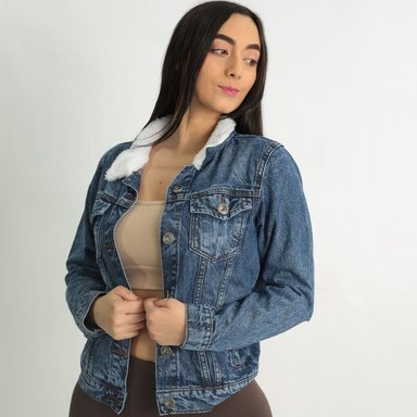 CASACA DENIM MUJER BENCUS JEANS AZUL CUELLO PELUCHE