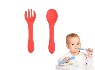 CUCHARITA Y TENEDOR ROJO SILICONA BEBE