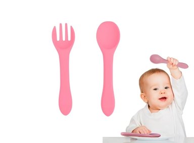 CUCHARITA Y TENEDOR ROSADO SILICONA BEBE