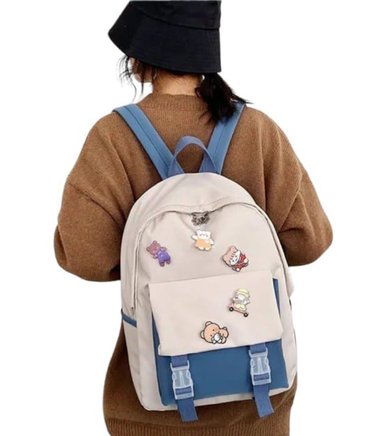 MOCHILA AZUL KAWAII COREANA PIN CON ACCESORIOS