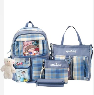 MOCHILA CELESTE KAWAII SET 4 PIEZAS CON ACCESORIOS MODA COREANA Q TENDENCIA