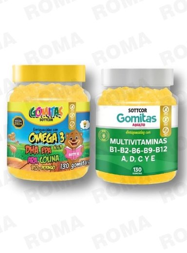 PACK 2 GOMITAS OMEGA 3 NIÑOS + MULTIVITAMINAS ADULTOS 260 UND