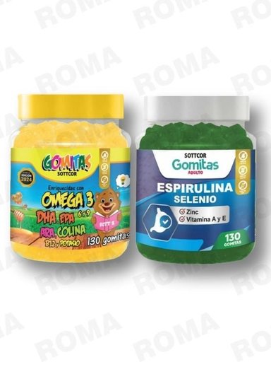 PACK 2 GOMITAS OMEGA 3 NIÑOS + ESPIRULINA ADULTOS 260 UND