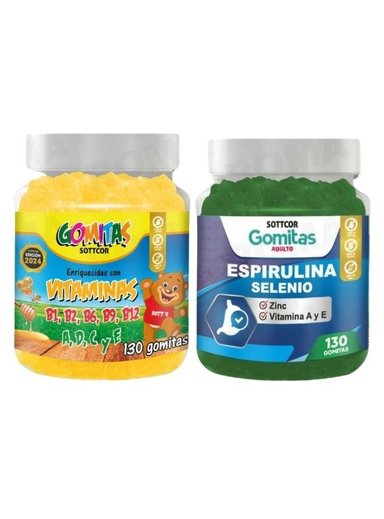 PACK 2 GOMITAS VITAMINAS PARA NIÑOS + ESPIRULINA ADULTOS 260 UND