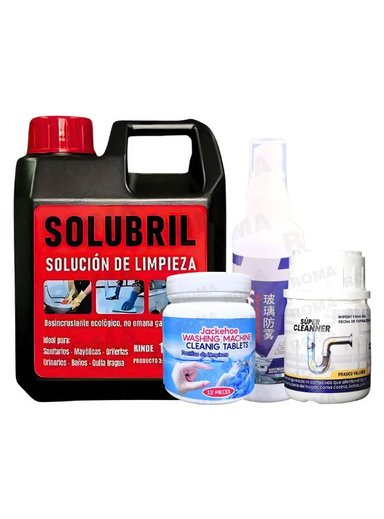 SOLUCIÓN DE PISOS SOLUBRIL + PASTILLA LAVADORA + DESATORADOR DE TUBERÍAS + SPRAY ANTILLUVIA